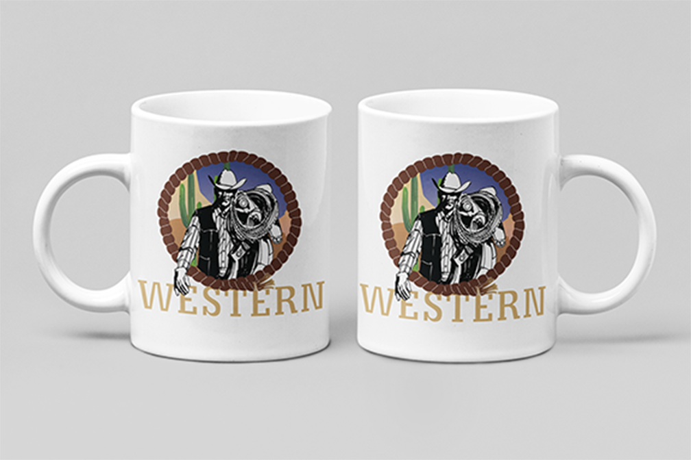 Une tasse cadeau de la Collection Rodéo: style western avec lasso.