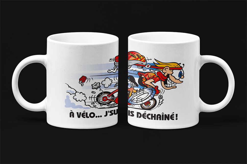Une tasse en français de notre Collection Loisirs et Sports: A vélo, J'suis déchainé!