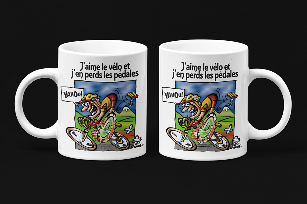 Une tasse en français de notre Collection Loisirs et Sports: J'aime le vélo et j'en perds les pédales.