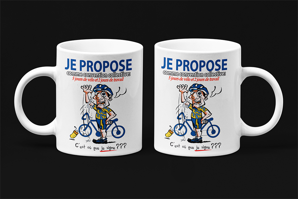Une tasse humoristique de notre Collection Loisirs et Sports: Convention collective et vélo.