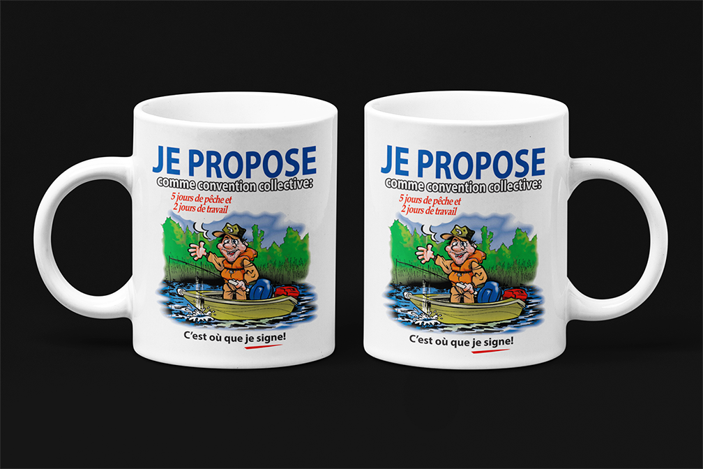 Une tasse cadeau originale de la Collection Loisirs et sports: Je propose, pêche.