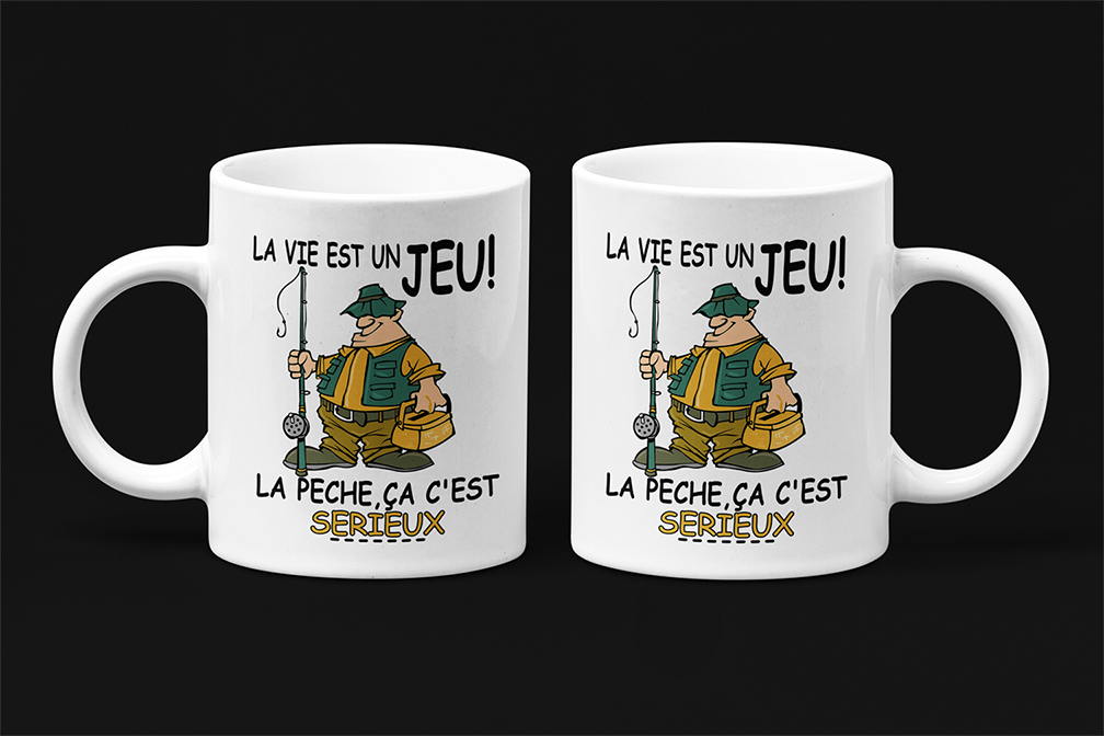 Une tasse en français de notre Collection Loisirs et Sports: La vie est un jeu. La pêche c'est sérieux.