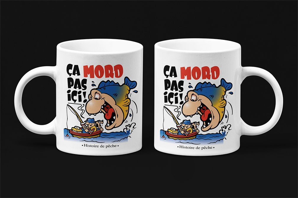 Une tasse originale en français de notre Collection Loisirs et Sports: Ça mord pas ici. Pêche