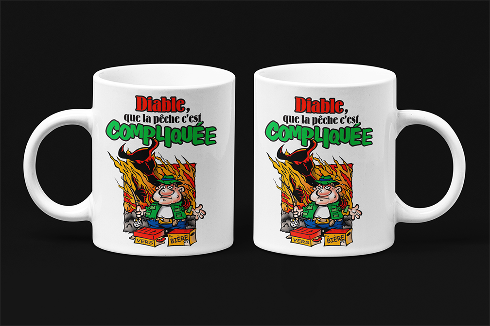 Une tasse humoristique de notre Collection Loisirs et Sports: Diable que la pêche c'est compliquée.