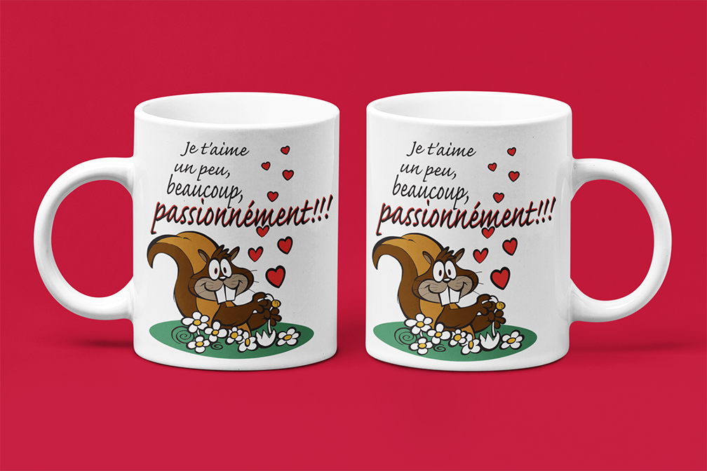 Une tasse cadeau pour la saint-Valentin. Je t'aime, un peu, beaucoup, passionnément.St-Valentin