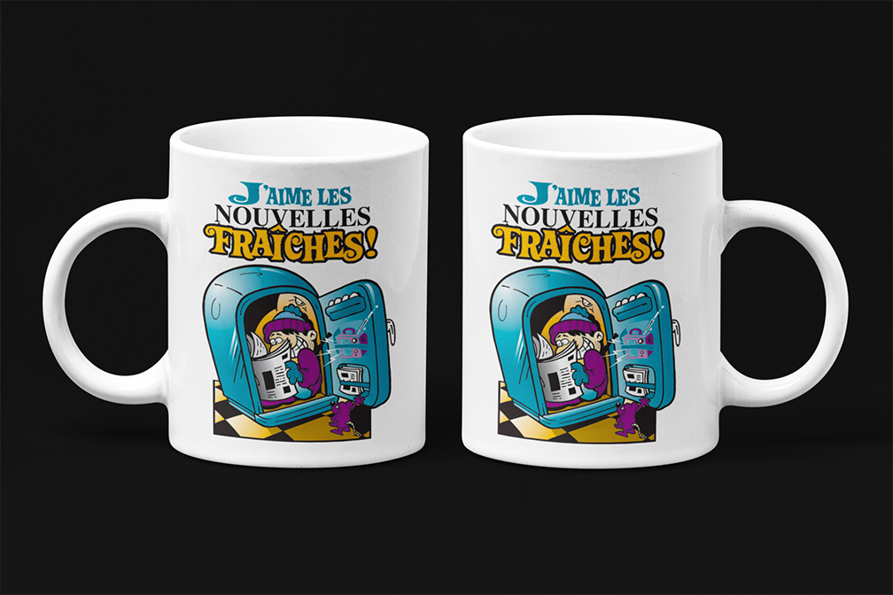 Une tasse drôle en français de notre Collection Caractère: J'aime les nouvelles fraiches.