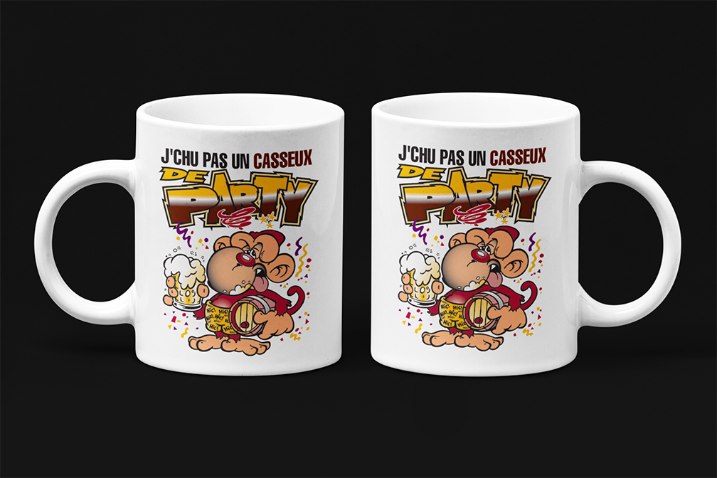 Une tasse humoristique de notre Collection Caractère: J'chu pas un casseux de party!
