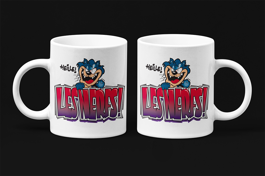 Une tasse humoristique en français de notre Collection Caractère: Heille! Les nerfs