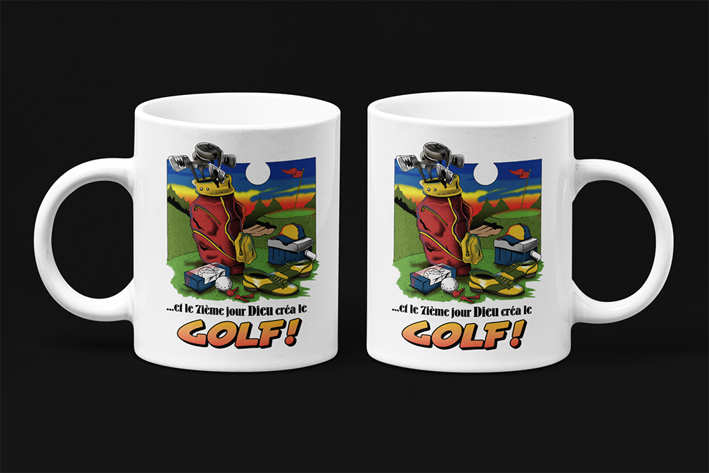 Une tasse cadeau humoristique de notre Collection Loisirs et Sports. Et le 7ième jour Dieu créa le Golf.