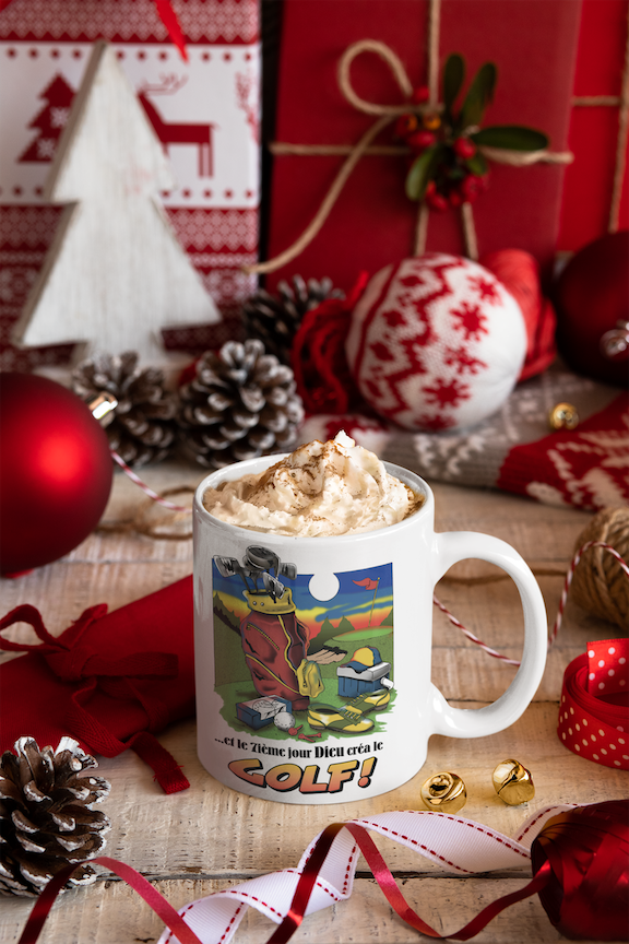 Une tasse cadeau humoristique de notre Collection Loisirs et Sports. Et le 7ième jour Dieu créa le Golf.