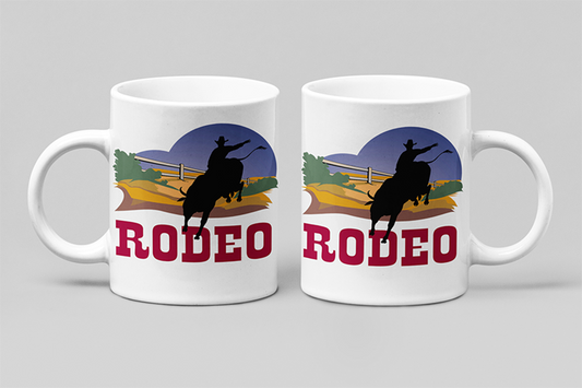 Une tasse cadeau de la Collection Rodéo: Cheval et cavalier en pleine action.