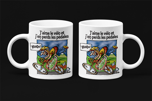 Une tasse en français de notre Collection Loisirs et Sports: J'aime le vélo et j'en perds les pédales.