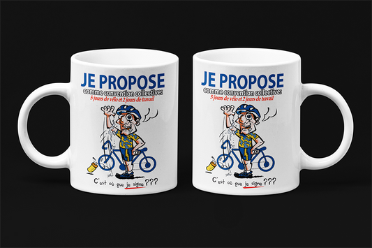 Une tasse humoristique de notre Collection Loisirs et Sports: Convention collective et vélo.