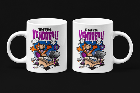 Une tasse cadeau humoristique de notre Collection Travail: Enfin Vendredi!