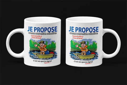 Une tasse cadeau originale de la Collection Loisirs et sports: Je propose, pêche.