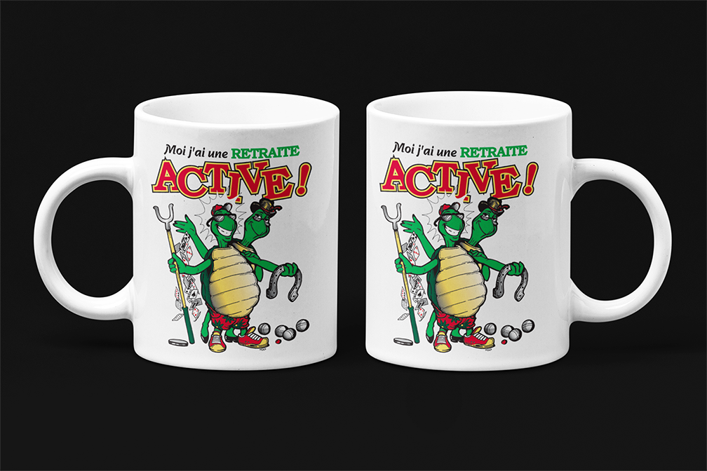 Une tasse humoristique originale de notre Collection Retraite: Moi, j'ai une retraite active.