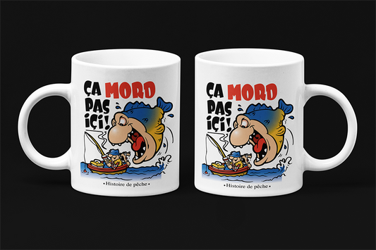 Une tasse originale en français de notre Collection Loisirs et Sports: Ça mord pas ici. Pêche