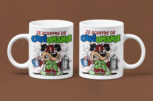 Une tasse cadeau humoristiques de la Collection Café. Je soufre de caféomanie