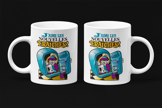 Une tasse drôle en français de notre Collection Caractère: J'aime les nouvelles fraiches.