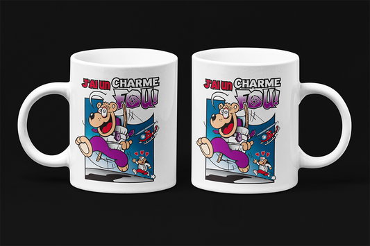 Une tasse comique en français de notre Collection Caractère: J'ai un charme fou.
