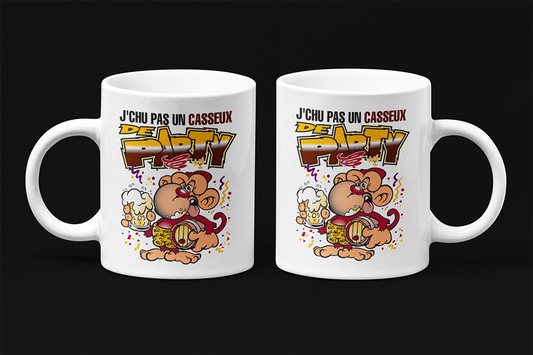 Une tasse humoristique de notre Collection Caractère: J'chu pas un casseux de party!