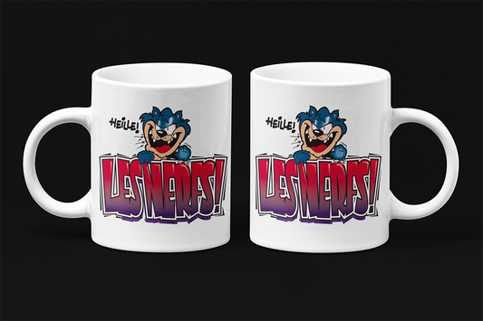 Une tasse humoristique en français de notre Collection Caractère: Heille! Les nerfs