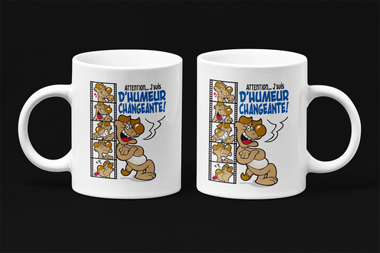 Une tasse humoristique en français de notre Collection Caractère: Attention, humeur changeante.