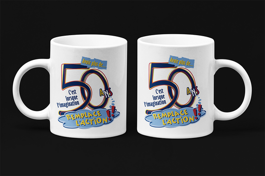 Une tasse humoristique en français de notre Collection Anniversaire: 51-52-53-54-55-56-57-58-59 ans