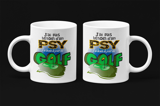 Une tasse pleine d'humour de notre Collection Loisirs et Sports: Psy et golf